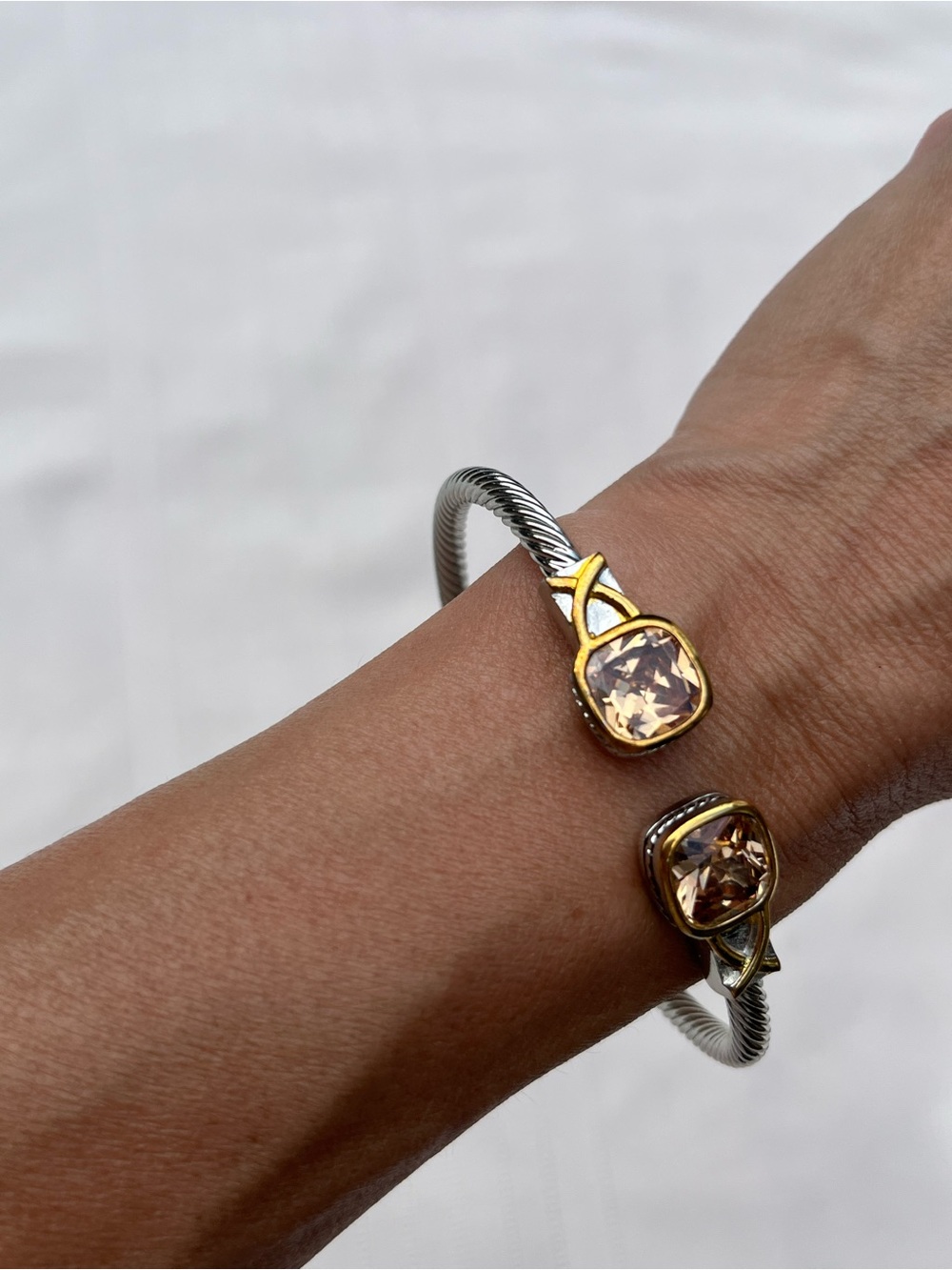 Gold Accent Silver Cable Cuff Bracelet with Champagne Stones - Women Jewelry - Picture 4 of 12